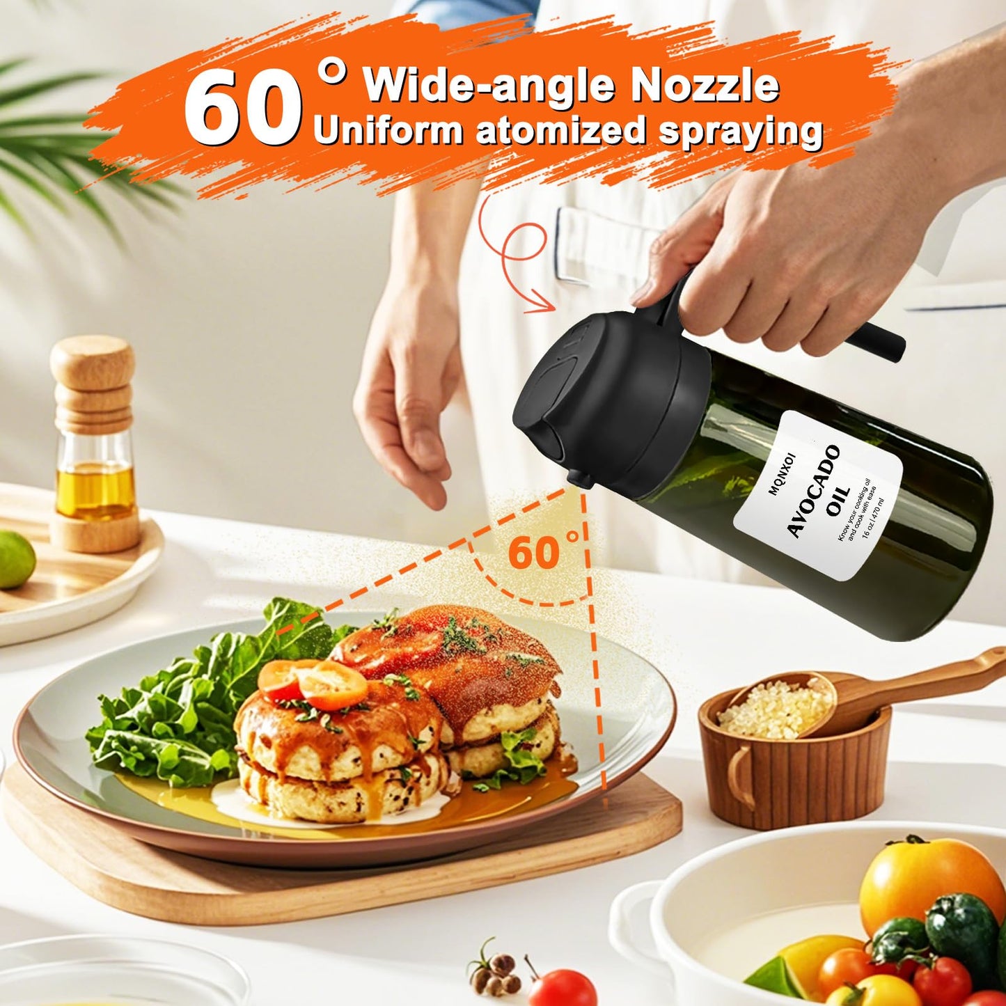 mqnxoi 2 in 1 Glass Oil Sprayer & Dispenser,16oz/470ml Olive Cooking, Air Fryer, and Salad, for Kitchen Gadgets and Air Fryer Accessories, w/Stickers (Black + Dark Green Bottle 2)