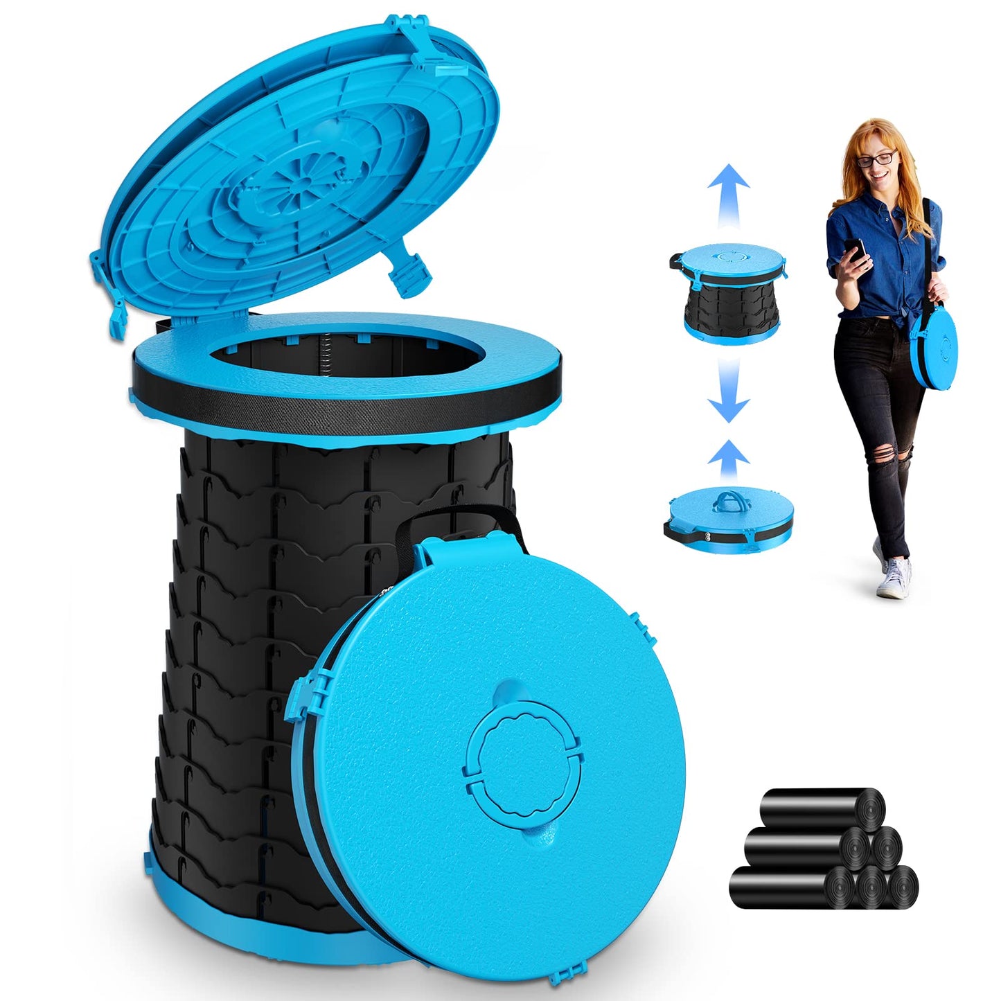 Panmout XXL Portable Toilet - 19.7"H Adjustable Foldable Camping Toilet, Luggable Loo with Lid, Strap,Toilet Bag for Camping, Hiking, Travel and Car