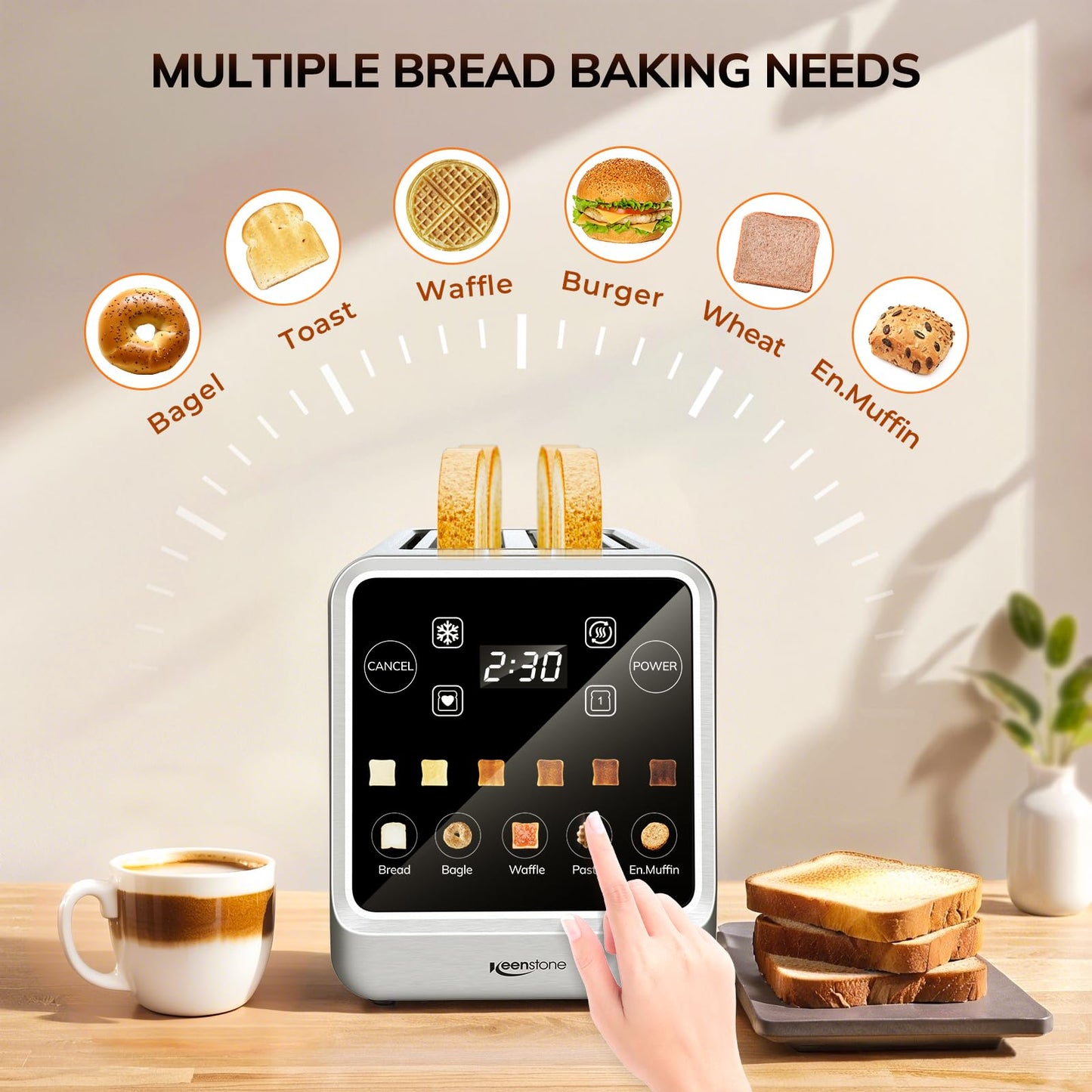 Keenstone Toaster 4 Slice, Digital Smart Toaster with TouchScreen, Memory Function, Single Slot Toasting, Timer, Reheat & Defrost for Bagels, Bread, Waffles, Muffin, Stainless Steel Kitchen Essentials