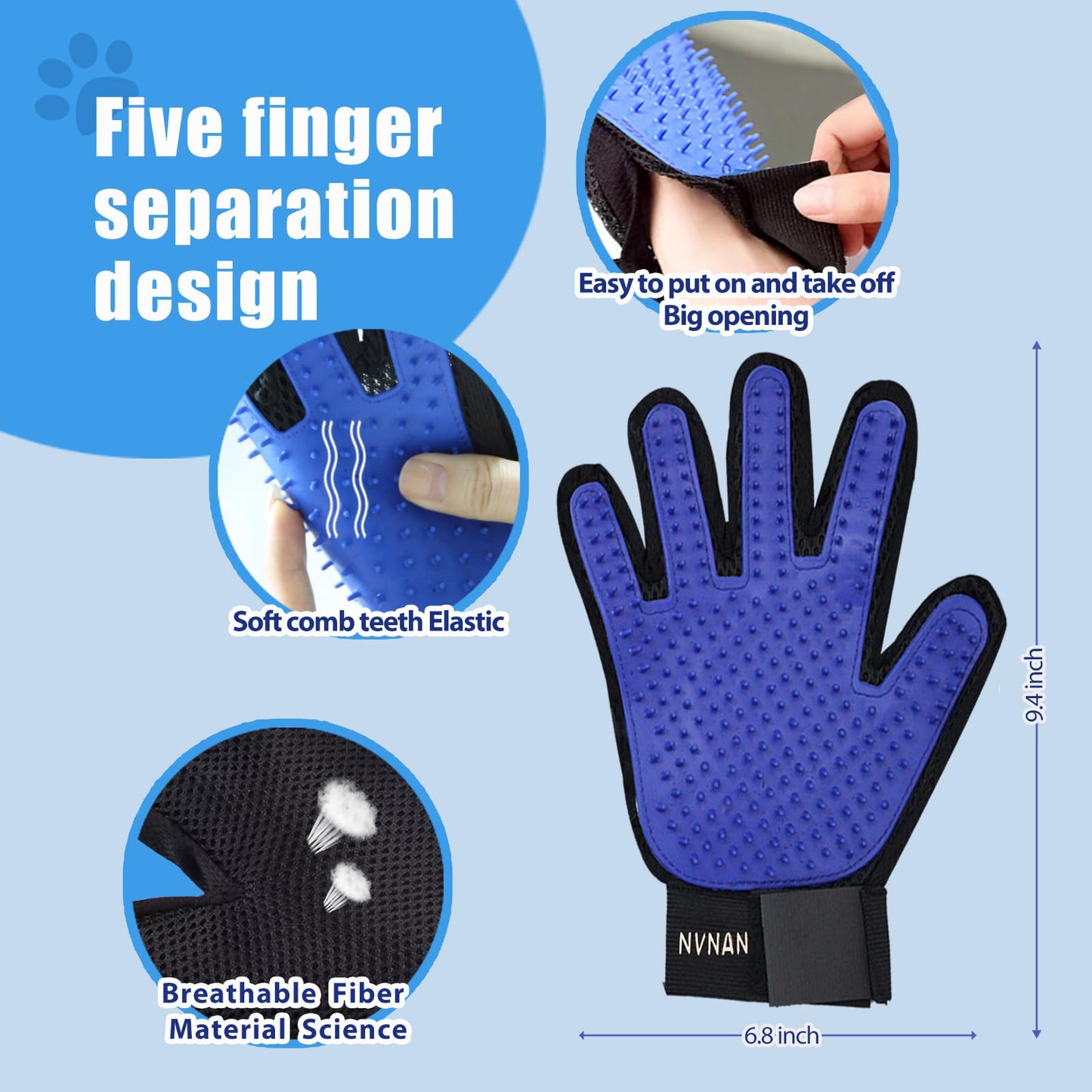 NVNAN 4Piece Dog Grooming Brush Set with Grooming Gloves, Deshedding Comb & Massage Bath Brush - Multifunctional Pet Hair Removal Tools for Shedding, Bathing, Brushing (Blue)