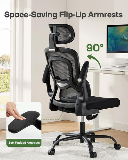 Marsail Ergonomic Office Chair with Lumbar Support, High Back Desk Chair with 2D Headrest & Flip-Up Armrests Gaming Computer Task Chair Tilt Function Black