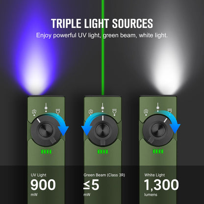 OLIGHT Arkfeld Pro Rechargeable EDC Flat Flashlight with Green Beam, UV and White LED Combo, 1300 Lumens Portable Pocket Lights, Triple Sources for Outdoors Emergency Working (OD-Green CW)