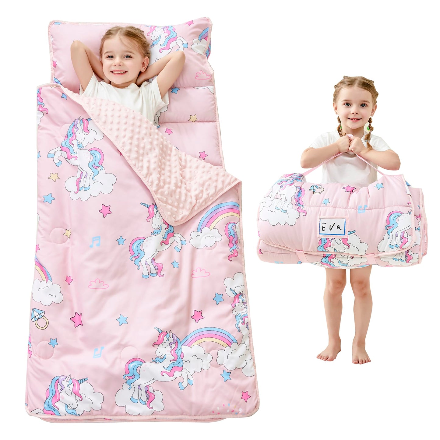 Lasoftan Toddler Nap Mat with Pillow and Blanket, Extra Large Rolled Napping Mats, Toddler Nap Mat for Boys Girls,Kids Sleeping Mat for Daycare, Preschool Travel Camping, Unicorn