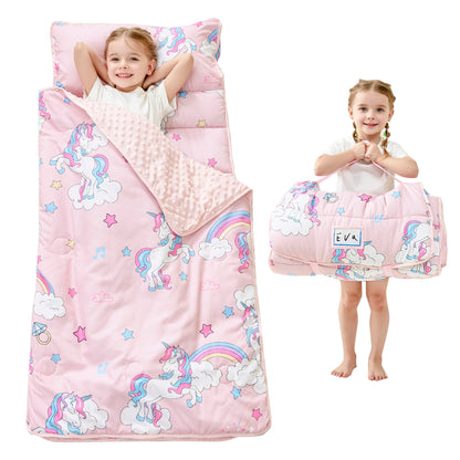 Lasoftan Toddler Nap Mat with Pillow and Blanket, Extra Large Rolled Napping Mats, Toddler Nap Mat for Boys Girls,Kids Sleeping Mat for Daycare, Preschool Travel Camping, Unicorn