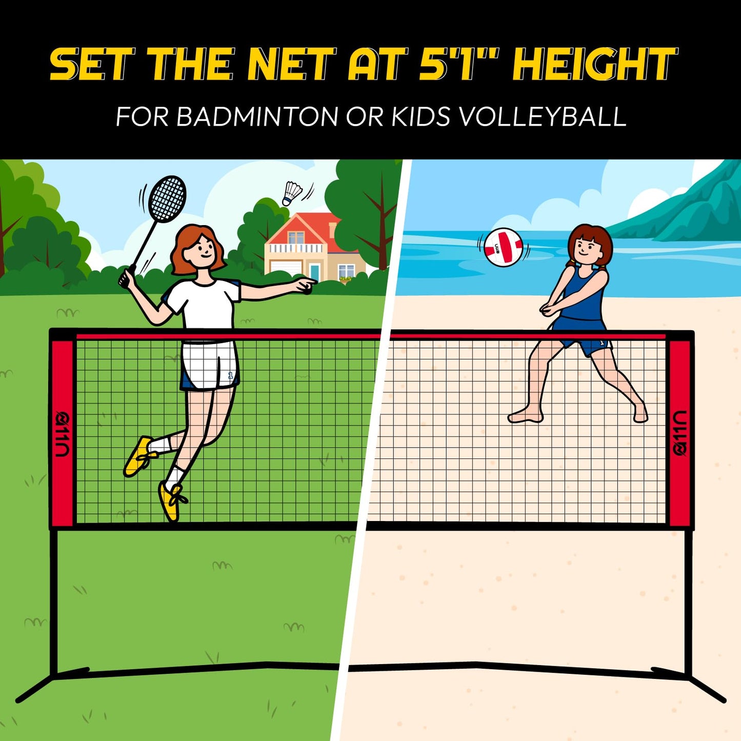 A11N 20ft Badminton Pickleball Net - Height Adjustable for Junior Tennis, Soccer Tennis & Kids Volleyball - Portable for Indoor & Outdoor Play