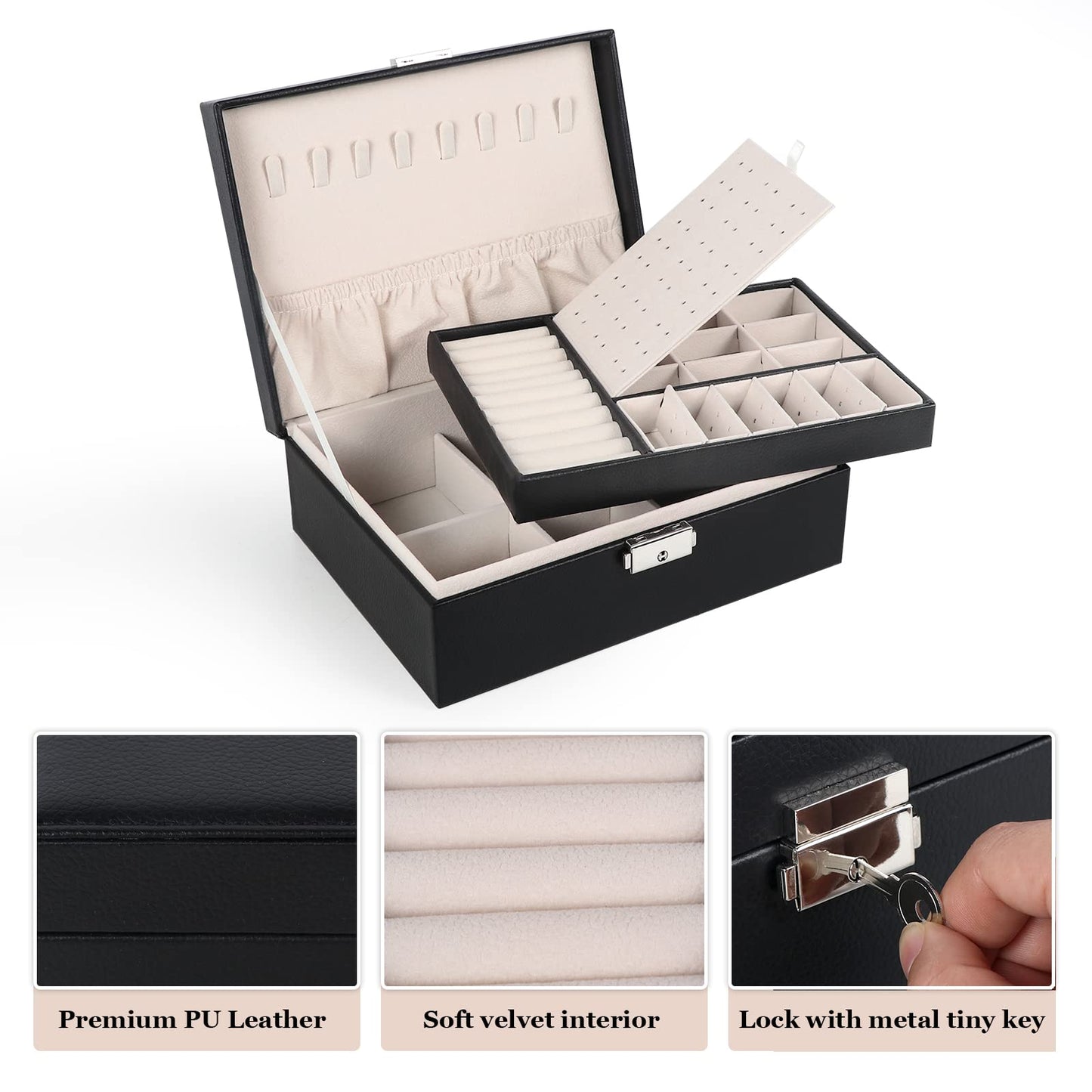 Jewelry Box for Women Girls, 2 Layers Jewelry Organizer Container with Lock, PU Leather Storage Case with Removable Tray, Jewelry Display Box for Necklaces Earrings Bracelets Rings Watches - Black