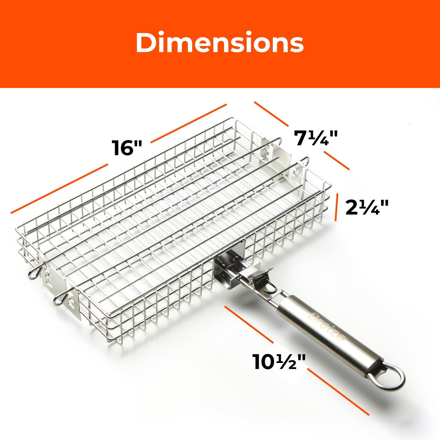 Adjustable Grill Basket w/Removable Handle - 4 Levels of adjustment for endless cooking options - Accessories include basting brush, scrub sponge, & storage bag