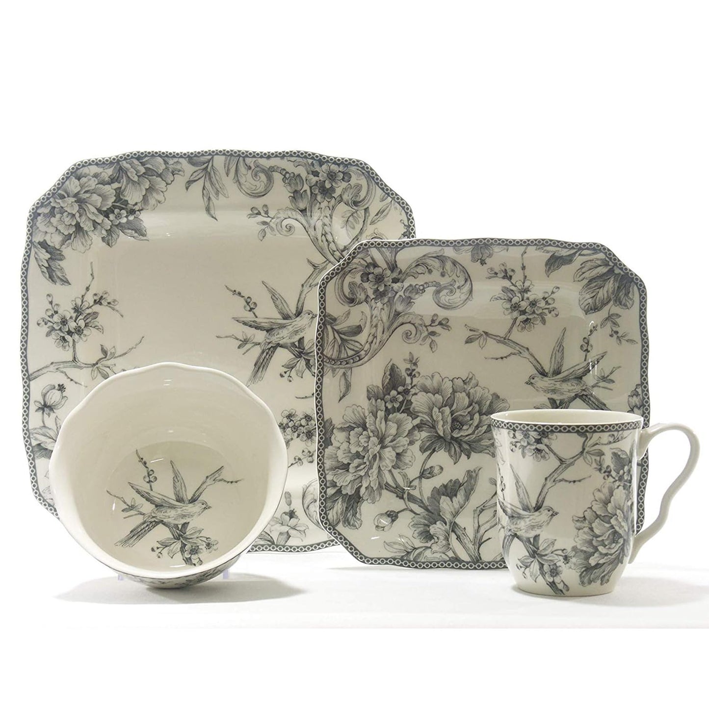 222 Fifth Adelaide 16-Piece Square Floral Dinnerware Set – Service for 4, Grey & White Porcelain Plates & Bowls, for Everyday Dining & Entertainment, Microwave & Dishwasher Safe, Chip Resistant