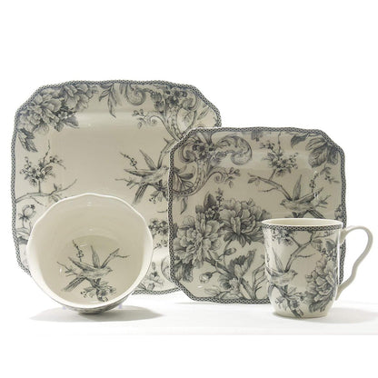 222 Fifth Adelaide 16-Piece Square Floral Dinnerware Set – Service for 4, Grey & White Porcelain Plates & Bowls, for Everyday Dining & Entertainment, Microwave & Dishwasher Safe, Chip Resistant