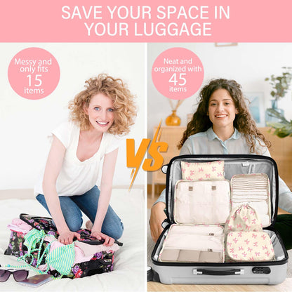 KPX 8 Set Packing Cubes for Travel, Luggage Packing Organizers Accessories Large Toiletries Bag for Clothes Shoes Cosmetics (8Set-Pink Bow)