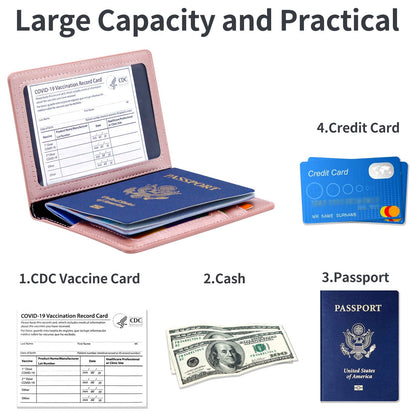 Passport Holder Cover Wallet Case RFID Blocking Leather Card Slot Travel Accessories Documents Organizer Protector for Women Men, Rose Gold