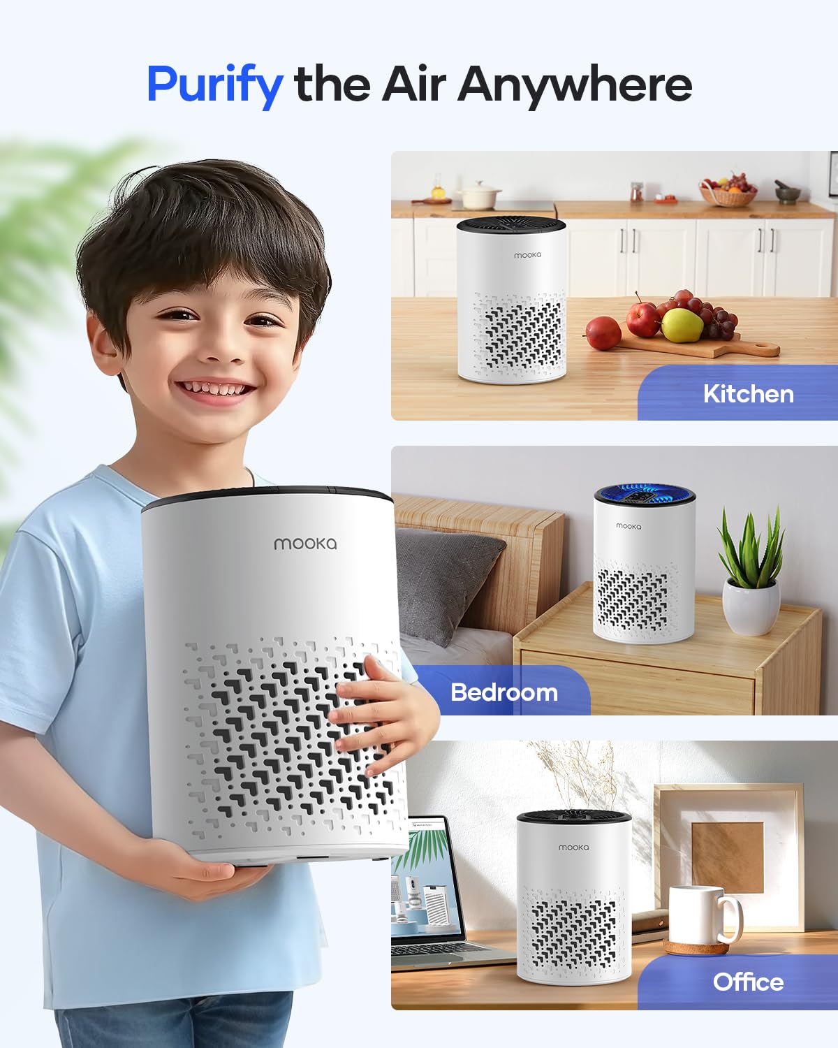 Air Purifiers for Bedroom Home, MOOKA HEPA Air Purifier for Home Pets with Fragrance Sponge for Smoke Dust Pollen Dander Odor, Small Air Cleaner with Sleep Mode Night Light Timer, KJ067L, White