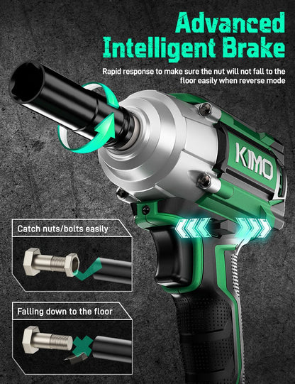 KIMO Impact Wrench 1/2, Max Torque 406ft-lbs (550N.m) & 3000RPM /Premium Brake Stop, 9-Piece Drill & Serewdriver Set, 4 Sockets, Cordless Impact Wrench with 4000mAh Battery, Impact Driver for CarTires