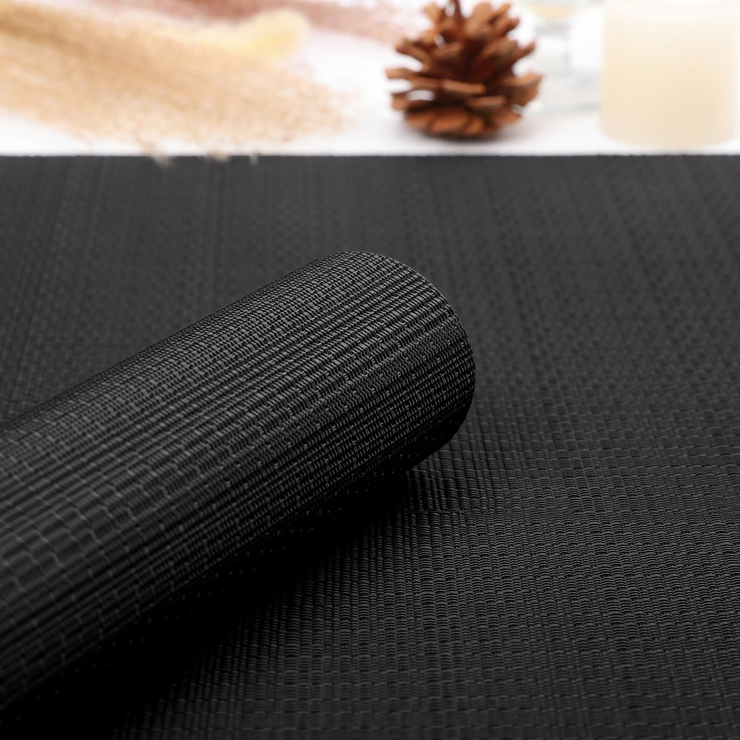 Myir JUN Placemats Set of 8, Vinyl Woven Placemats Place Mats Indoor Set of 8 Washable Table Mats Non-Slip Place mats for Dining Table (Black, Set of 8)