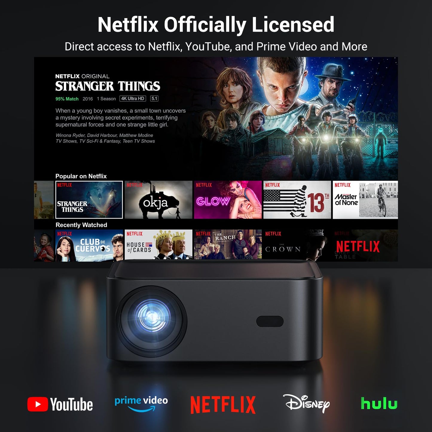 Official Licensed Netflix Smart Projector, HAPPRUN Projector 4K with Wifi and Bluetooth, DoIby Audio, Built-in Apps, Native 1080P 1000ANSI,Electric Focus, Portable Projector for Home Cinema, Bedroom