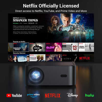 Official Licensed Netflix Smart Projector, HAPPRUN Projector 4K with Wifi and Bluetooth, DoIby Audio, Built-in Apps, Native 1080P 1000ANSI,Electric Focus, Portable Projector for Home Cinema, Bedroom