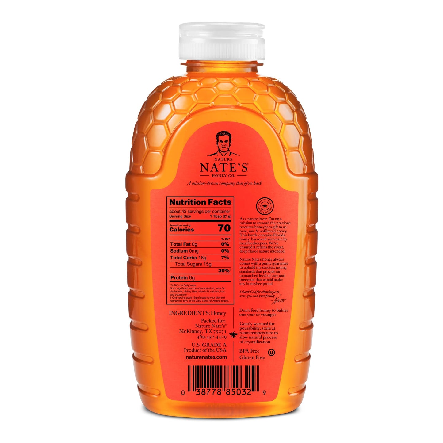 Nate's Florida 100% Pure, Raw & Unfiltered Honey - 32 oz. Squeeze Bottle - All-natural Sweetener