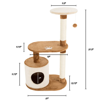 PETMAKER Cat Tree Condo 3 Tier with Condo and Scratching Posts, 37.5", Brown and Tan