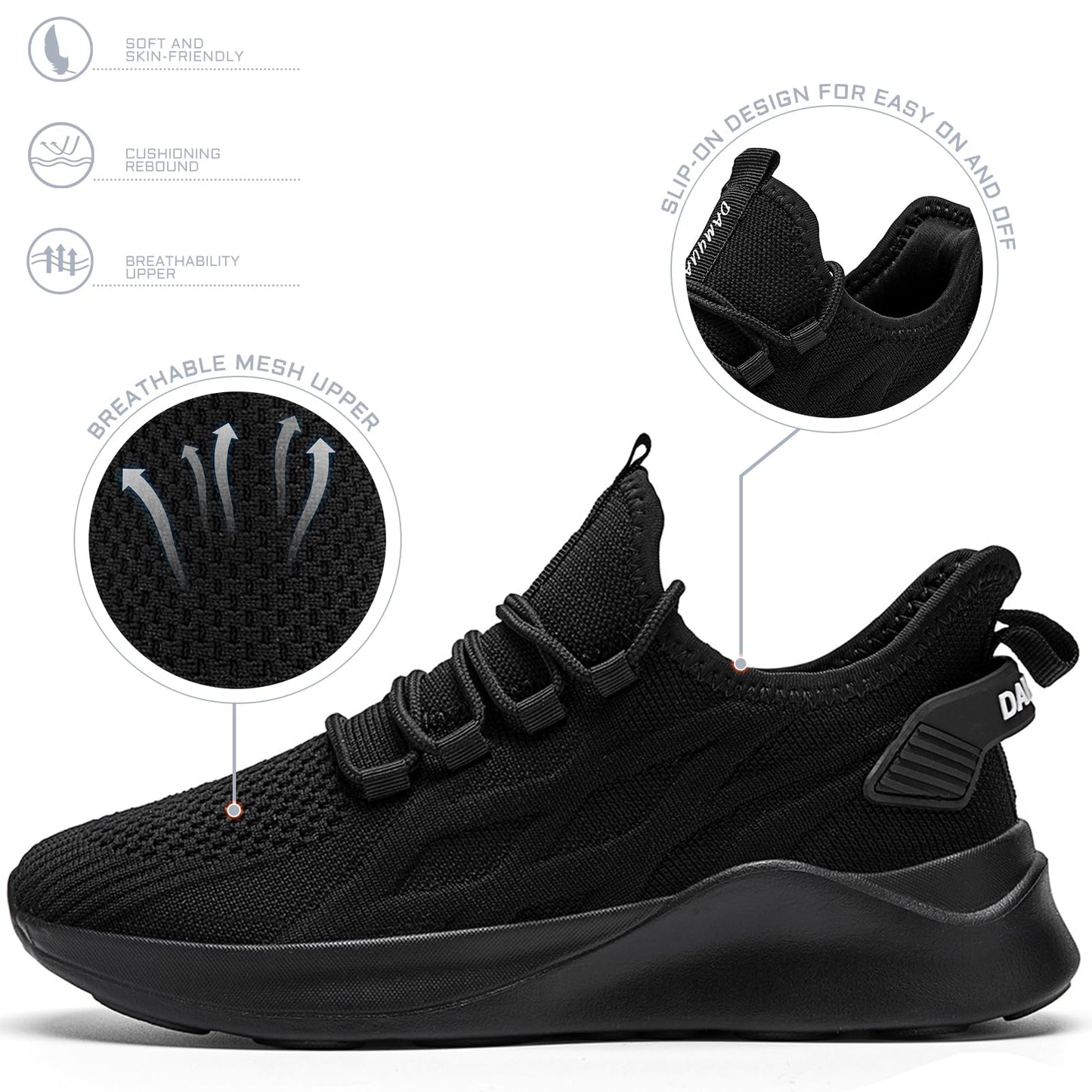 Mens Running Shoes Tennis Sneakers Walking Slip on Gym Black Workout Athletic Breathable Jogging Sport Casual Shoe Size 8.5
