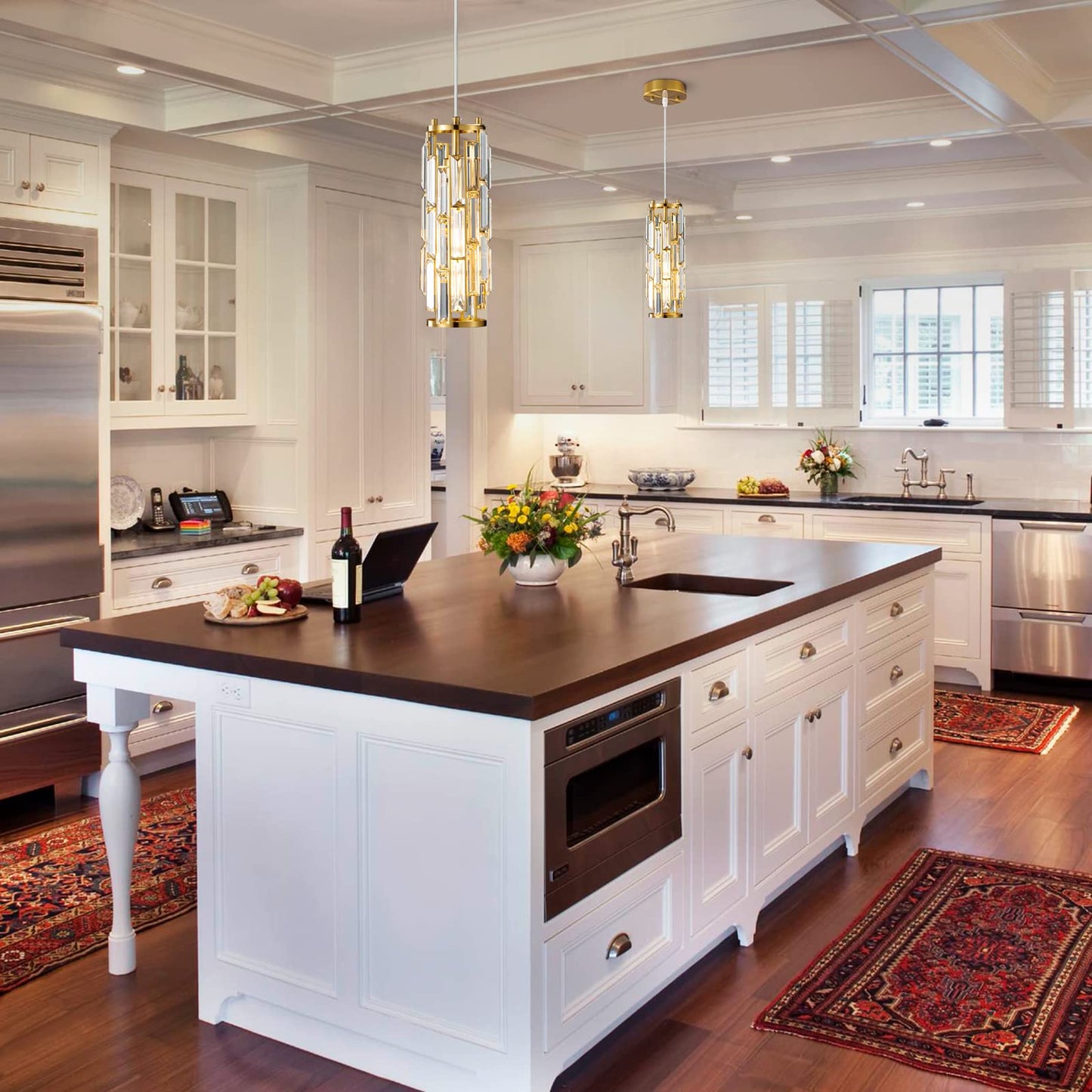 LMQNINE Pendant Lighting Modern Pendant Light, Mini Crystal Chandeliers,Adjustable Pendant Light Fixture for Kitchen Island Dinning Room Bedroom (Gold, 1-Light)