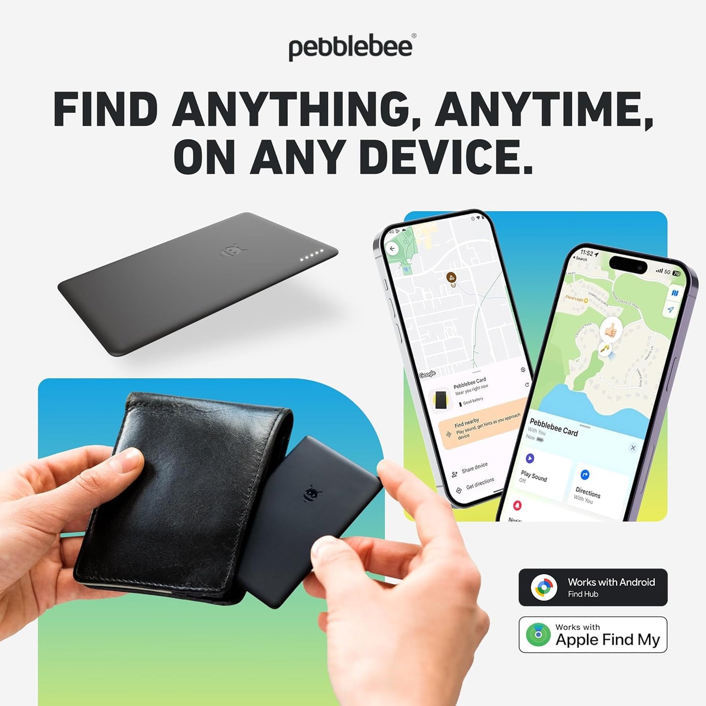 Pebblebee Tracker Card Universal - Rechargeable Slim Item Tracker | Alternative to Air Tag & Android Trackers | 18-Month Battery Life | Works with Both Android & iOS Find My Apps | LED & Sound Alerts
