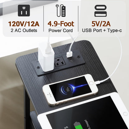 LOAKEKEL Narrow End Table Living Room with Charging Station, Skinny Side Table with Fabric Drawers, Slim Nightstand for Bedroom, Small Spaces, Couch, Black, HETNDP02BK-1