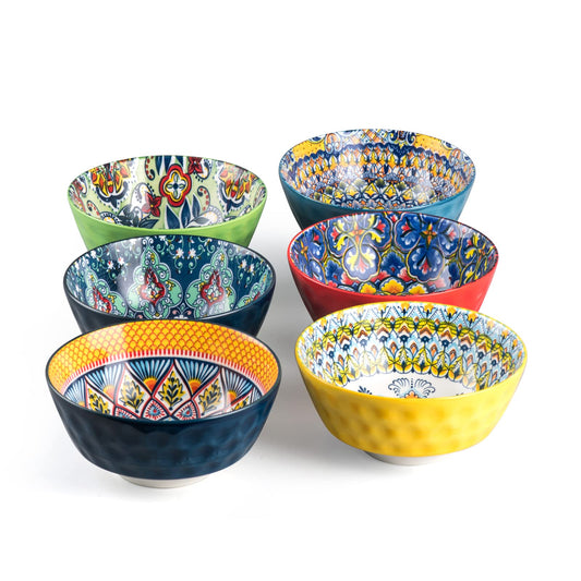 HENXFEN LEAD Ceramic Cereal, Soup Bowls Set of 6-25 Oz Porcelain Serving Bowls for Dinner, Pasta, Salad, Oatmeal, Microwave & Dishware Safe - Bohemian Style