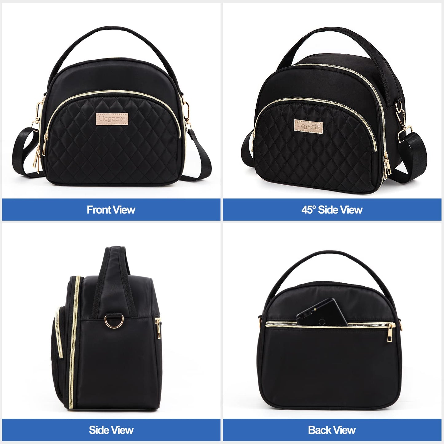 LLEGASTE Black Cute Insulated Lunch Tote Bag for Women Work,Reusable Adult Lunch Box for Women, Stylish Wide Open Cooler Bag for Work(Black)