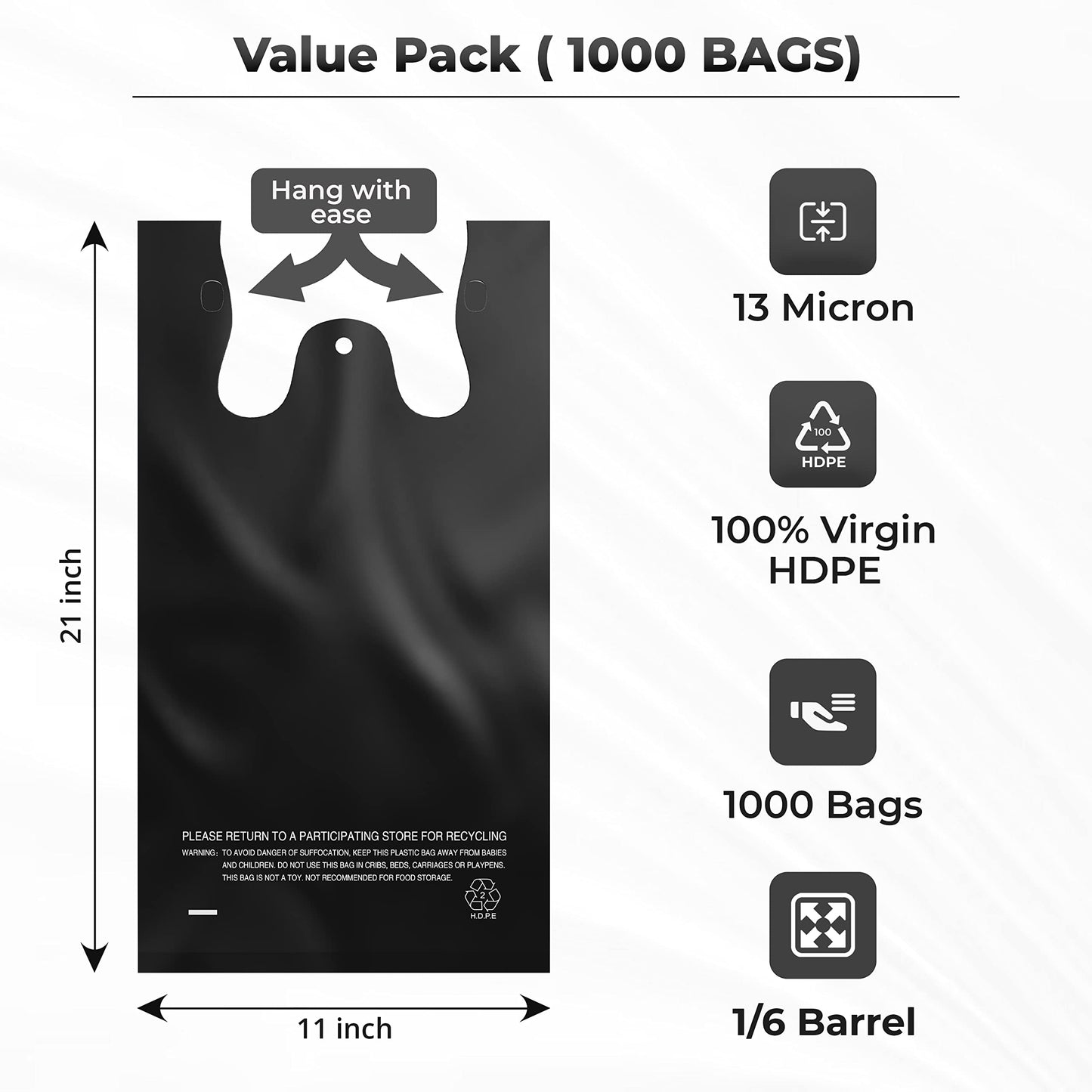 ACYPAPER, Black T-Shirt Bags in Bulk - 1000 Count - (11" x 6" x 21") - Restaurant Carryout Bags