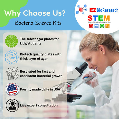 EZ BioResearch Bacteria Science Kit (IV): Top Science Fair Project Kit. Prepoured LB-Agar Plates And Cotton Swabs. Exclusive Free Science Fair Project E-Book Packed With Award Winning Experiments (IV)