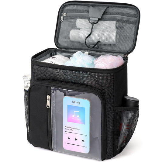 F-color Hanging Shower Caddy Portable - College Dorm Essentials for Guys with Hooks, Quick-Dry Shower Bag for Dorm Travel Gym Camping Essentials, Water-Resistant with Multiple Pockets, Black