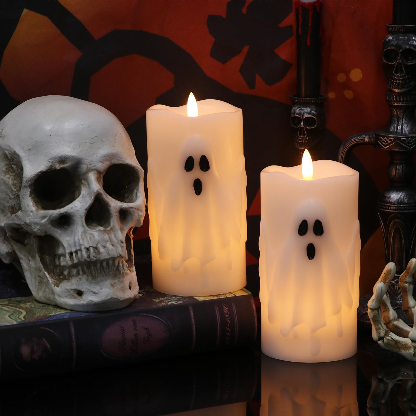 Lasumora Halloween Ghost Flameless Pillar Candles with Remote Timer, Battery Operated LED Candles for Halloween Decorations Indoor Halloween Home Decor Gifts (2 Pack, 3” x 6.5”)