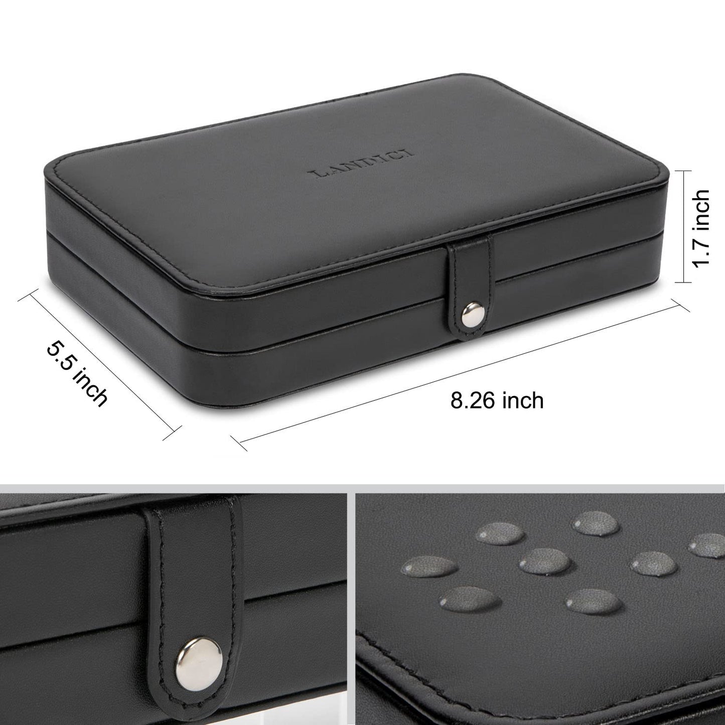 LANDICI Small Jewelry Box for Women Girls, PU Leather Travel Jewelry Case, Portable Jewelry Organizer Storage Holder Display for Ring Earrings Necklace Bracelet Bangle Men Kids Gift, Black