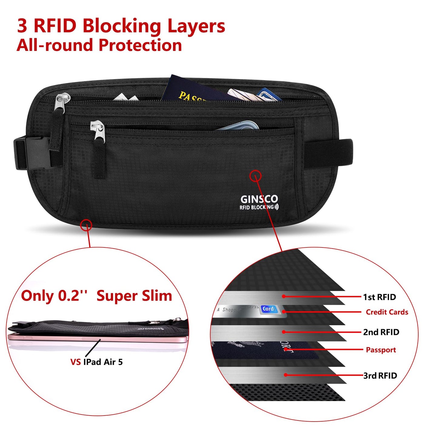 Money Belt for Travel Women Hidden Ginsco Slim RFID Blocking Passport Holder Unisex Travel Money Belt Under Clothes Anti Theft Travel Hidden Wallet for Travelling Workout Running Black 11''