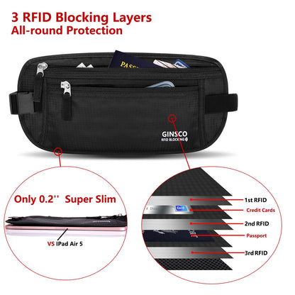 Money Belt for Travel Women Hidden Ginsco Slim RFID Blocking Passport Holder Unisex Travel Money Belt Under Clothes Anti Theft Travel Hidden Wallet for Travelling Workout Running Black 11''