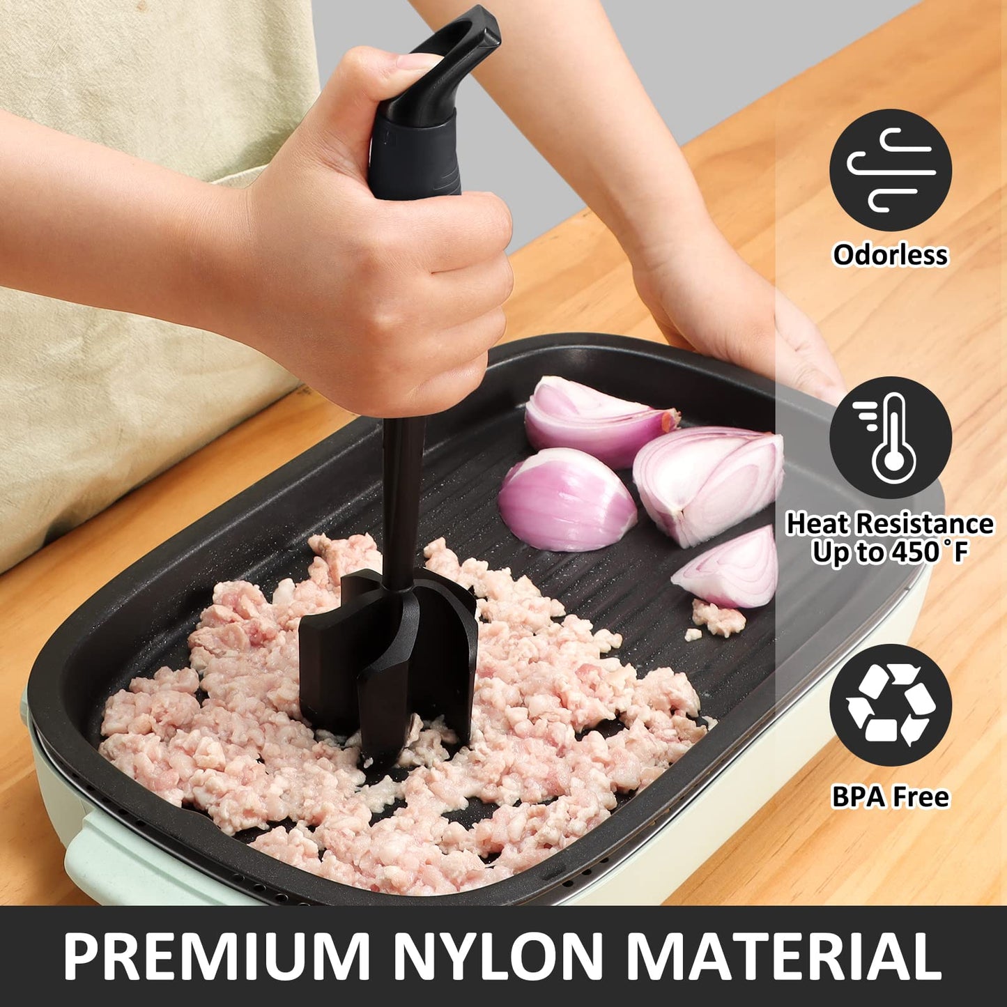 Ourokhome Upgrade Meat Chopper and Potato Masher, Heat Resistant Ground Meat Smasher for Hamburger, 5 Curved Blades Ground Beef Smasher, Nylon Non Stick Mixer, Stirrer and Kitchen Gadgets, Black