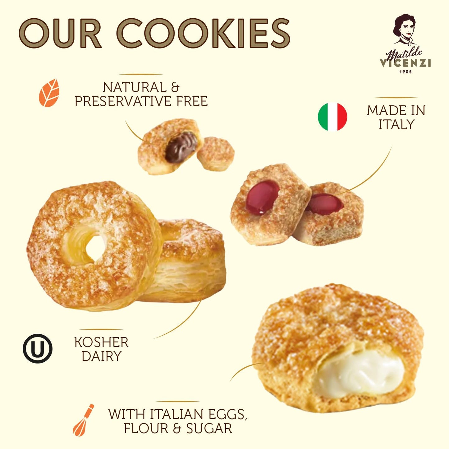 Matilde Vicenzi Millefoglie D'Italia Fine Selection of Italian Puff Pastries, Assortment of Vanilla, Chocolate, Butter & Raspberry Cookies for Gifting - 13.23 oz (375g)