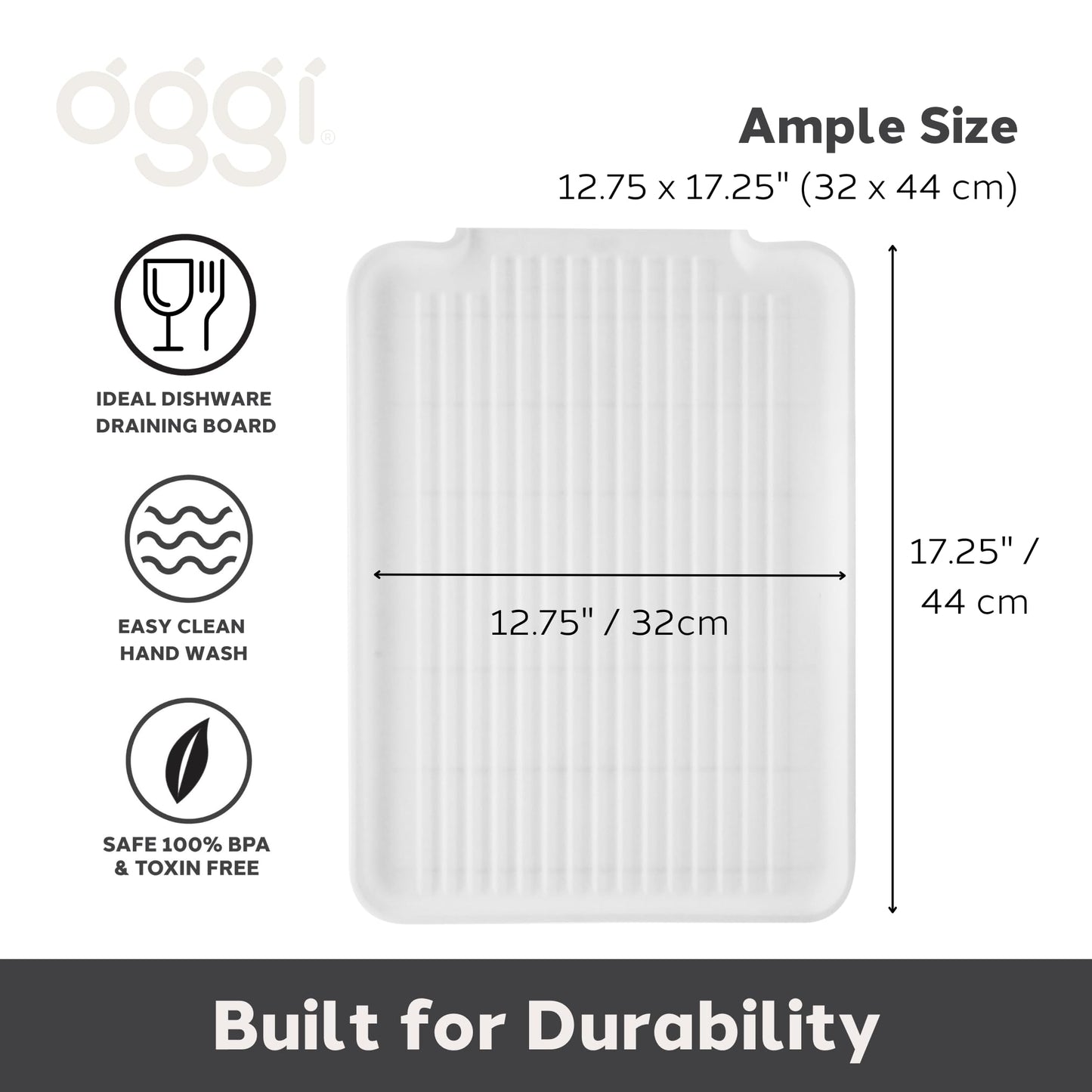 OGGI Dish Drain Board & Drying Rack Tray for Kitchen - Ideal Rigid Drainboard, Dish Drainer Tray, Dish Drain Boards for Kitchen Counter, 12.75 x 17.25" - White