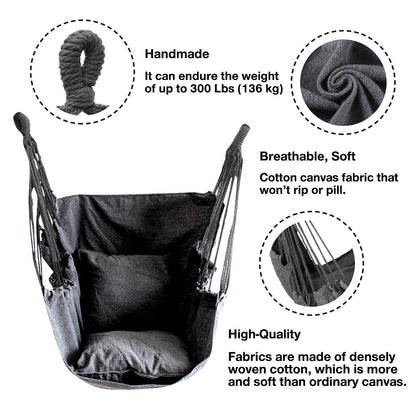 Hommtina Hammock Chair Hanging Rope Swing, Max 300 Lbs Hanging Chair with Pocket & Durability Perfect for Outdoor, Home, Bedroom, Patio, Yard (Pillows NOT Included,Dark Gray)