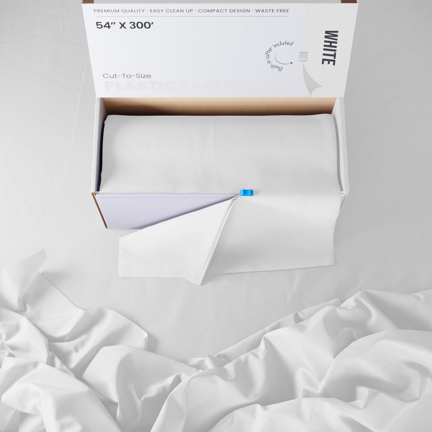 Exquisite Party Solids 54 Inch X 300 Feet White Plastic Table Cover Roll in A Cut - to - Size Box with Convenient Slide Cutter. Cuts Up to 36 Rectangle 8 Feet Plastic Disposable Tablecloths