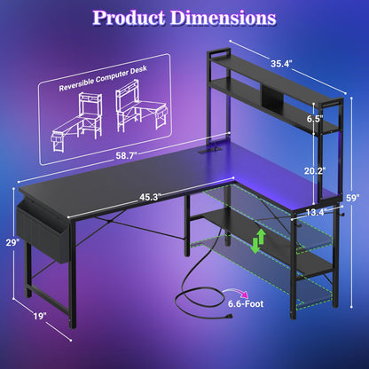 Aheaplus L Shaped Desk Gaming Desk, 59" L Shaped Computer Desk with LED Light & Power Outlet, Reversible Home Office Desk Gamer Desks with Shelves & Storage Bag & Hooks, Corner PC Desk, Black