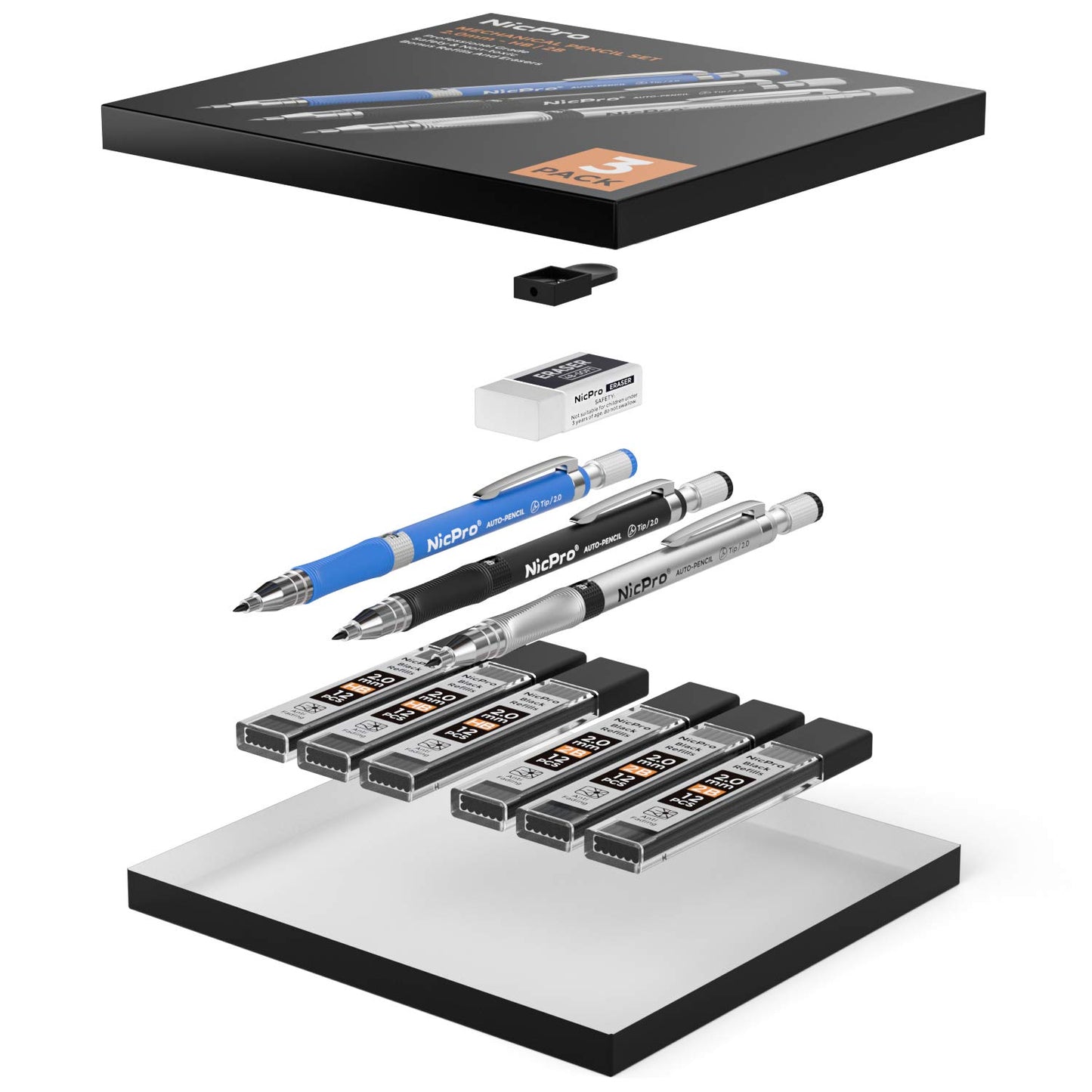 Nicpro 11 Pieces 2mm Mechanical Pencil Set, 3 PCS Carpenter Drafting Pencil 2.0 mm for Art Drawing Writing Sketching Construction with 6 Tube Pre-Sharpen HB & 2B Refill, Eraser, Sharpener