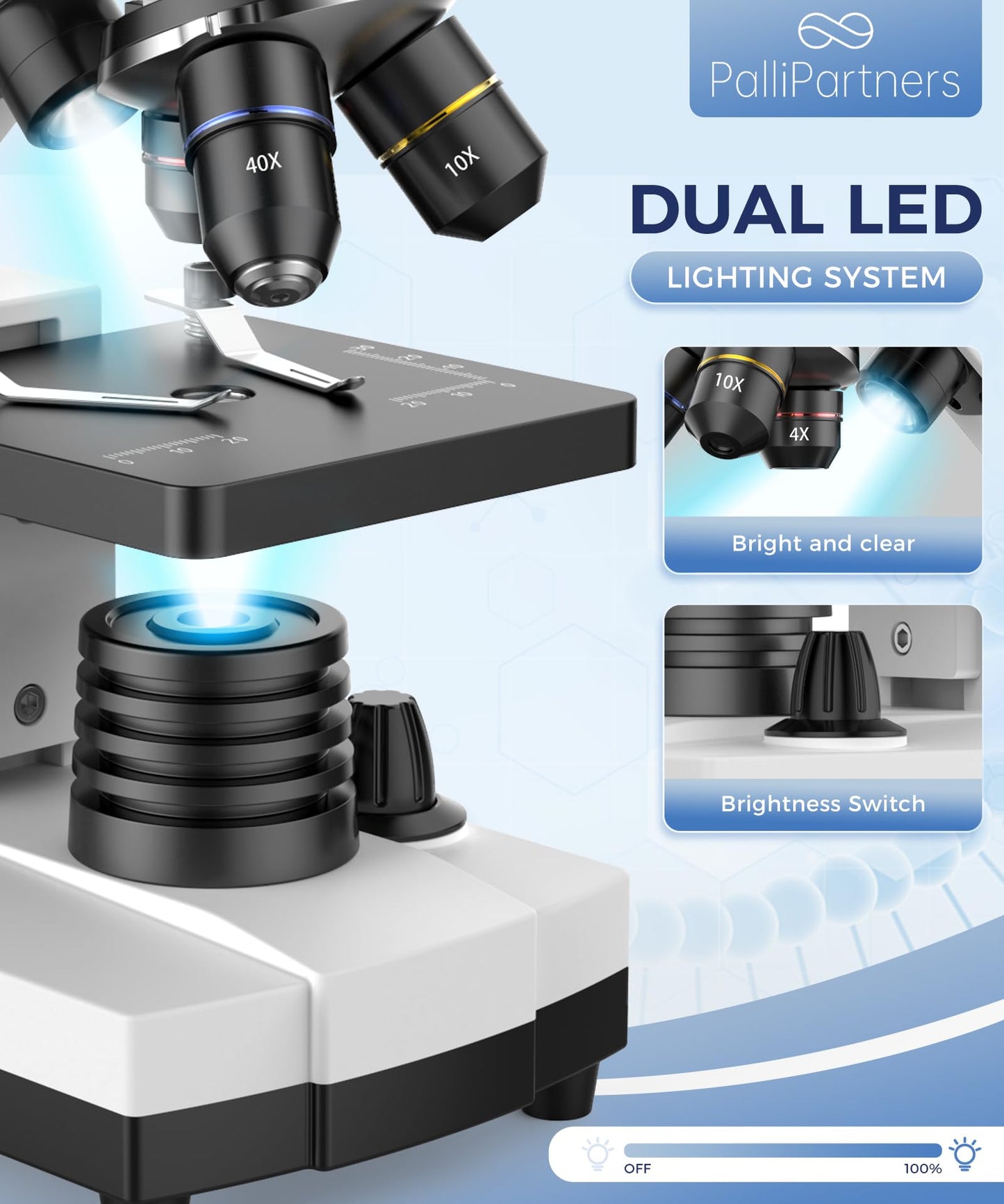 PalliPartners Compound Microscope for Adults & Kids - 100X-2000X High-Power Biological Microscope for Students, School Lab & Home Education, with Slides Set & Phone Adapter (White)