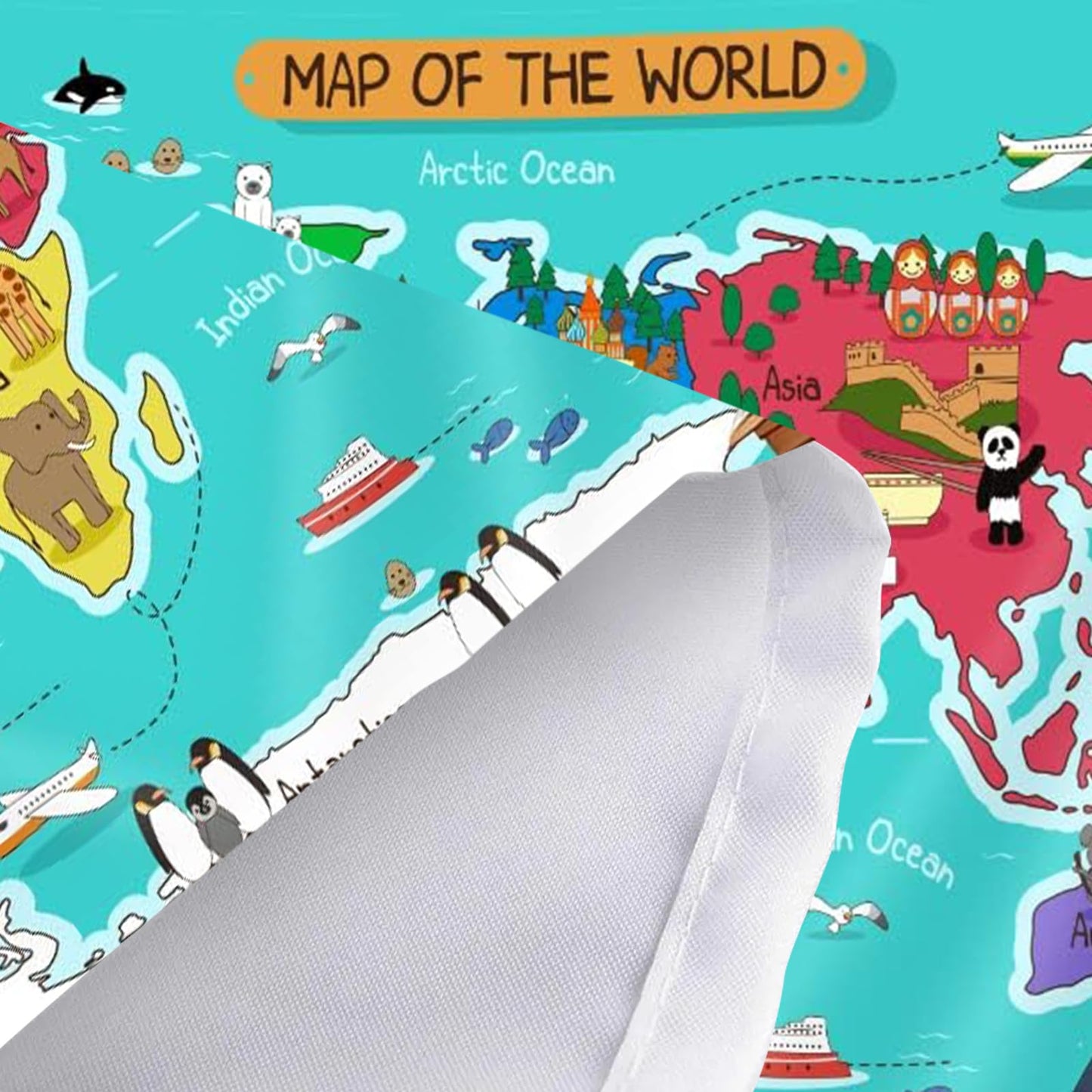 Kids Map Tapestry,Cartoon Animal Landmark Building Educational Geography World Map Wall Hanging,Wall Blankets for Classroom Home Dorm Living Room Bedroom Decor 90X70 in