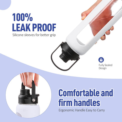 Kodrine 32oz Glass Water Bottle with Straw, Glass Drinking Bottle with 2 lids-Bamboo and Spout Lid, Leakproof Daily Water Intake Bottle with Time Marker for Home,Outdoor Sports, BPA free, White