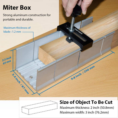 FIRSTINFO H5441 Metal Aluminum Miter Box 9.8 Inch Mitre Box for Manual Saw for Hand Saw 3 Cutting Angles with Fixable Screw