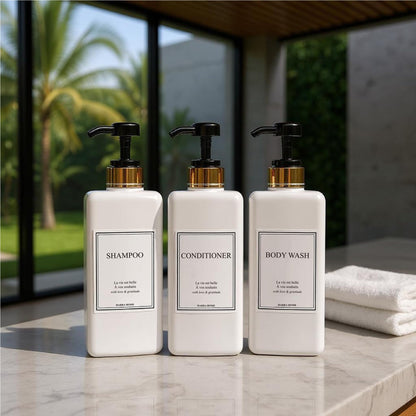 HARRA HOME Modern Gold Design 27 oz Shampoo and Conditioner Dispensers - Plastic Refillable Pump Bottle Set for Bathroom Shower Soap Dispenser, Set of 3 (Black)