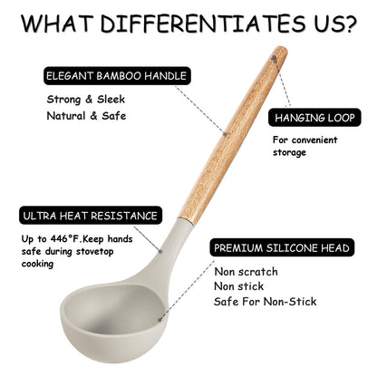 MIBOTE Silicone Cooking Kitchen Utensils Set with Holder, Wooden Handles BPA Free Non Toxic Silicone Turner Tongs Spatula Spoon Kitchen Gadgets Utensil Set for Nonstick Cookware (Khaki)