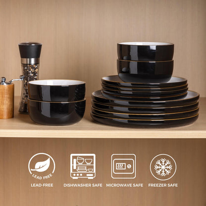 AmorArc Dinnerware Set - 12 Piece Ceramic Plates and Bowls, Stoneware Plates Handpainted, Dishwasher & Microwave Safe (Speckled Black & White, Service for 4)