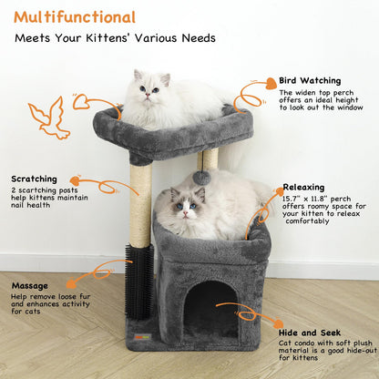 Innsfurr Small Cat Tree for Indoor Cats, Cat Tower with Scratching Posts for Multiple Cats, Plush Cozy Perch, Cat Massage Brush, Activity Hanging Pompoms, Dark Grey